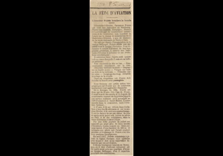 Article publié dans le journal local du 8 février 1914 annoncant qu'Alphonse Poirée « bouclerait la boucle » le dimanche 8 février 1914, lors de la Fête de l'aviation d’Évreux